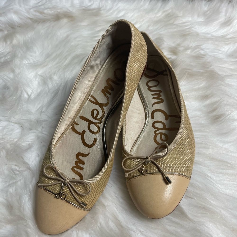 Sam Edelman leather tan and beige Rafia slip on flats bow  accent size 8 - Picture 4 of 10